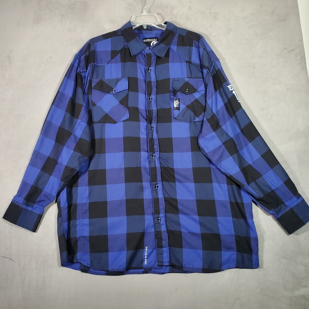 Ecko Unltd Shirt Mens 4X Blue Black Plaid Button Up Long Sleeve Streetwear Y2K